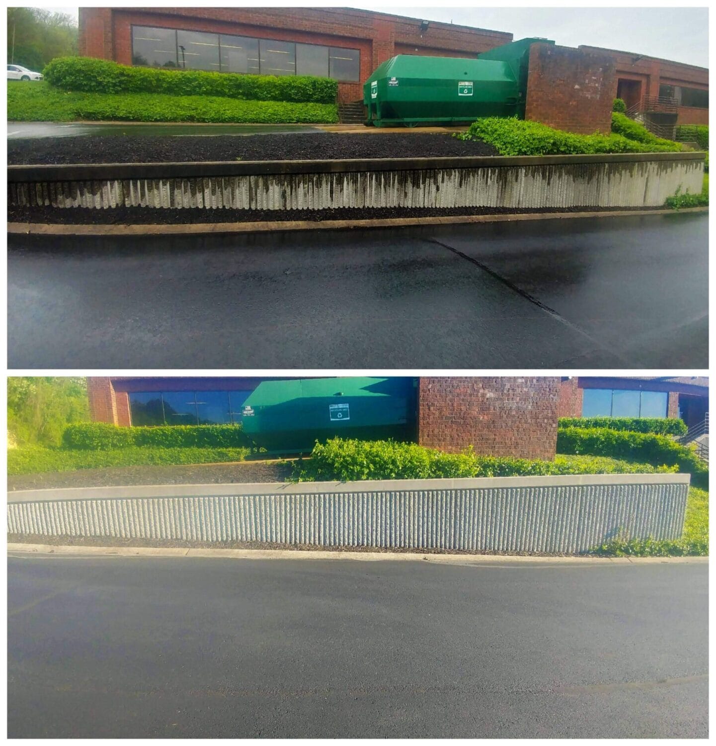 Concrete retaining wall before and after pressure washing in Middle Tennessee