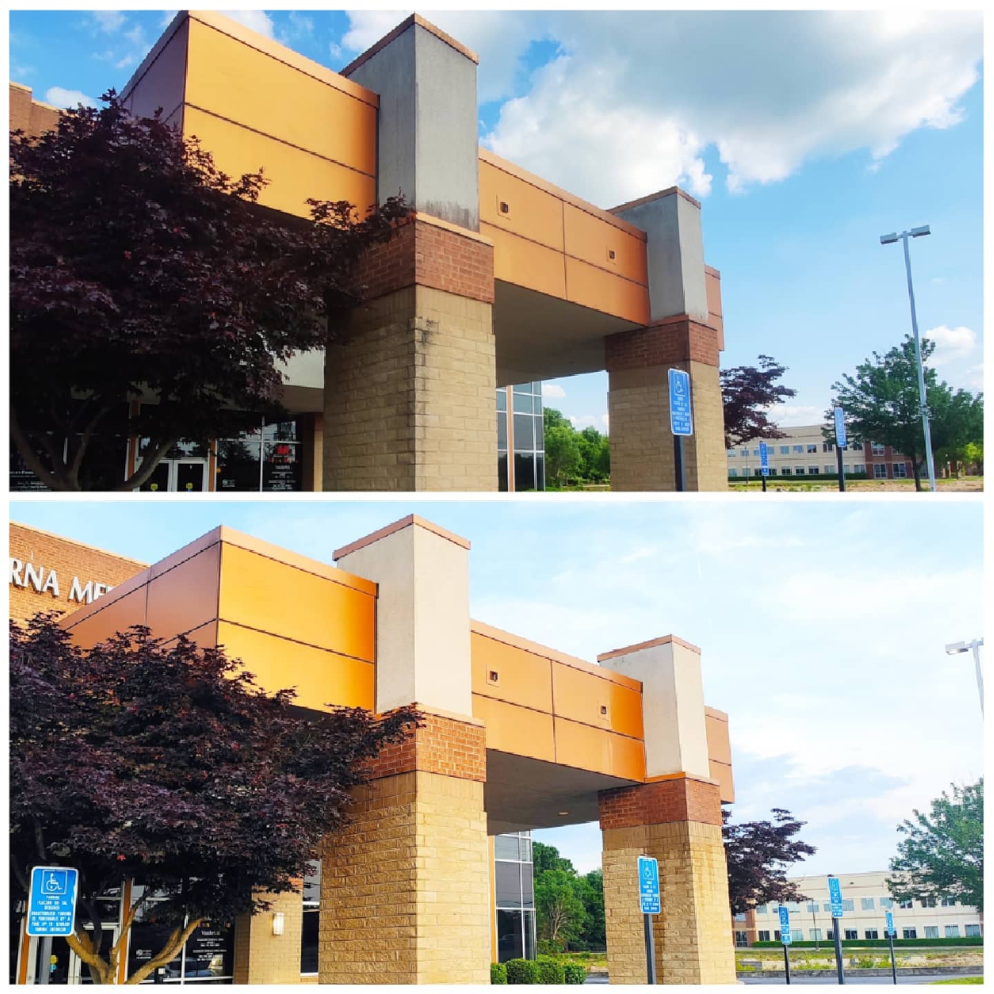 Soft washing a building facade
