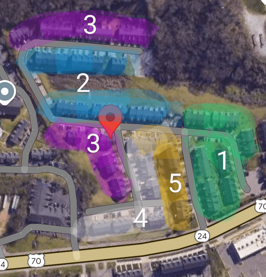 Property management cleaning schedule mapping buildings and units to specific days across a large community.