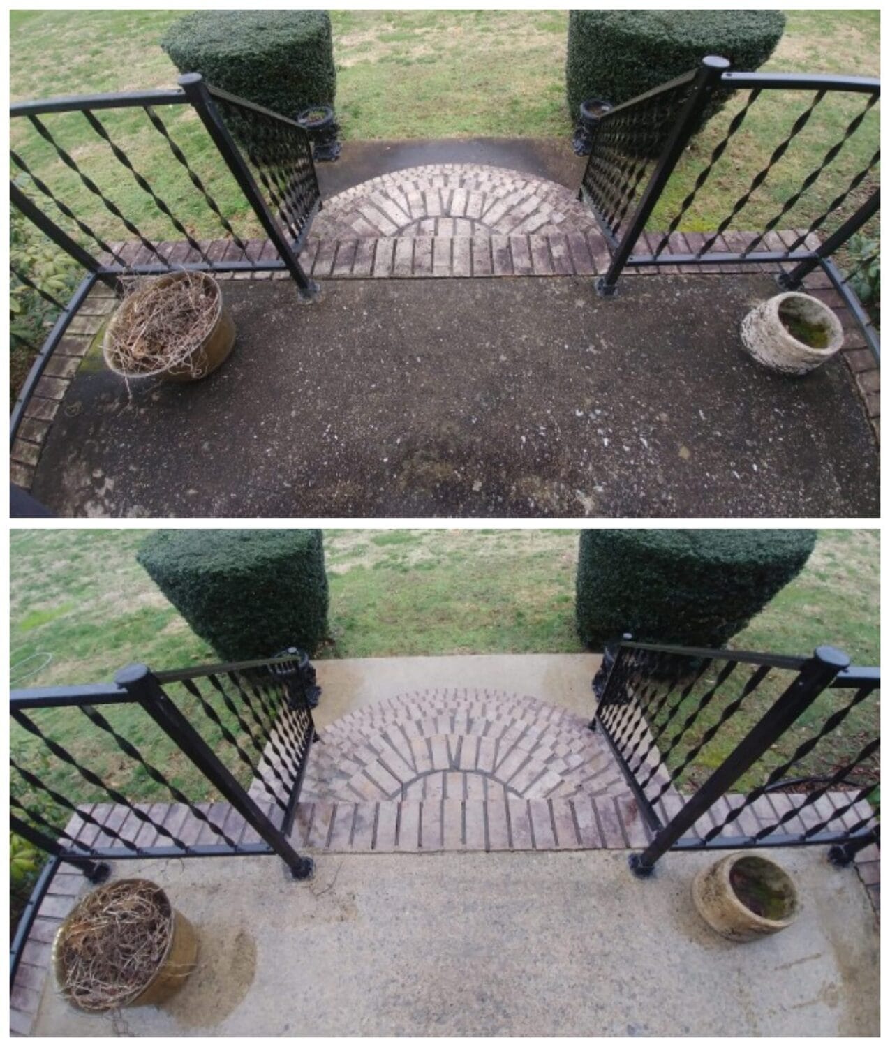 Covered front porch concrete before and after pressure washing in Middle Tennessee