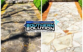 Before and after photo of professional stone walkway cleaning in Franklin, Tennessee showing stain removal