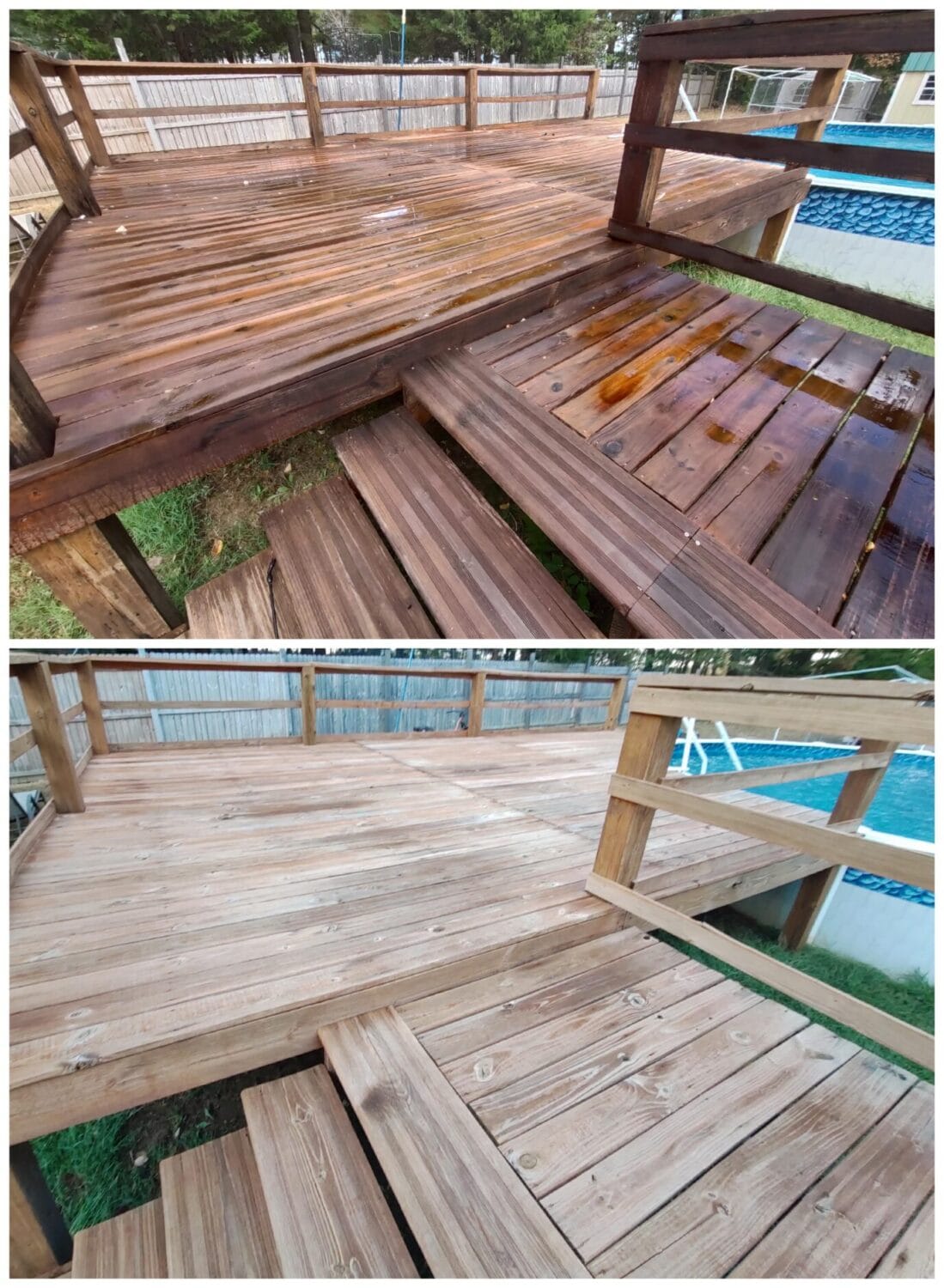Deck with failing oil-based stain before wood restoration in Middle Tennessee