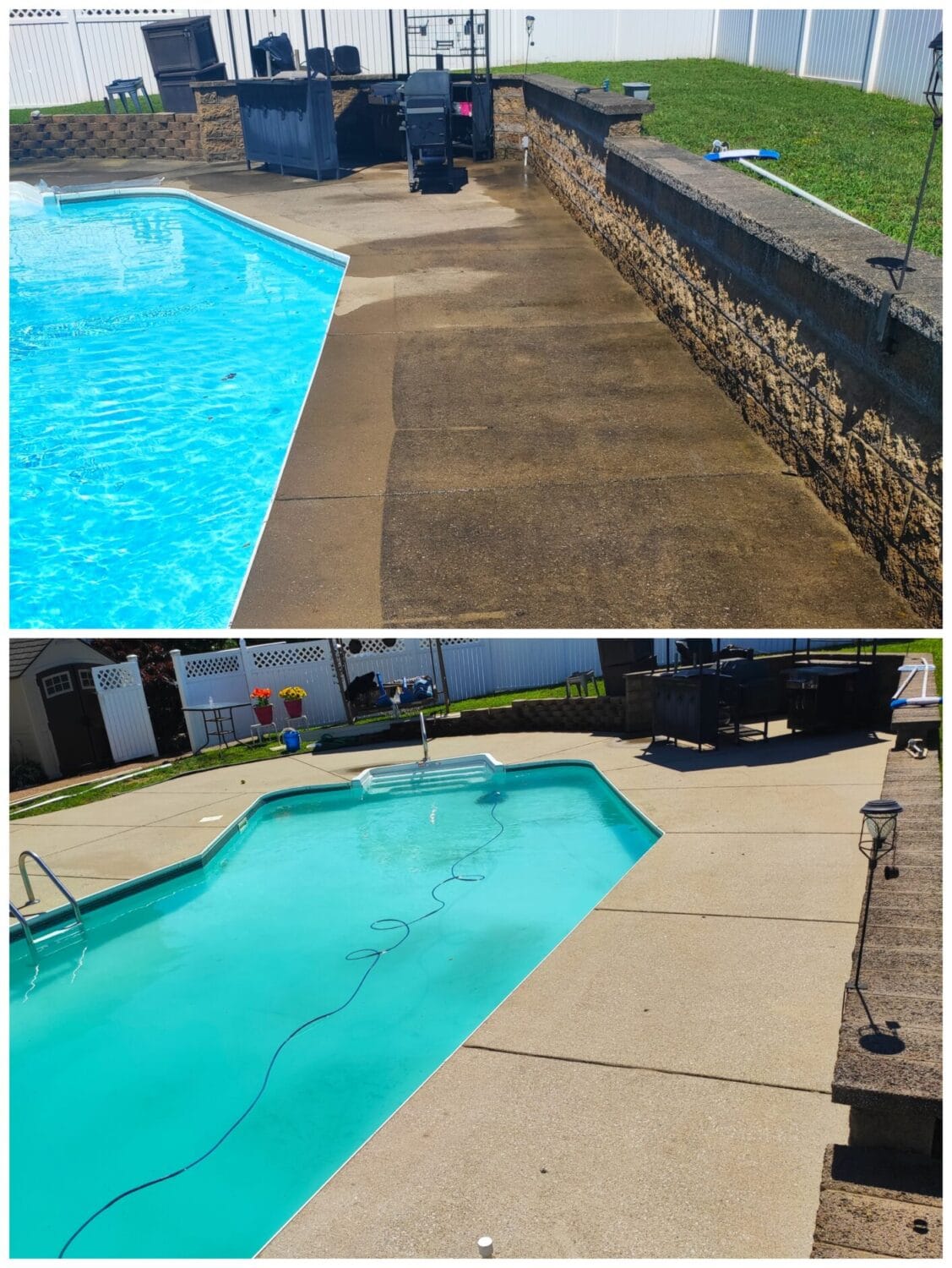 Pressure washing before and after of a pool patio in Oak Grove, TN
