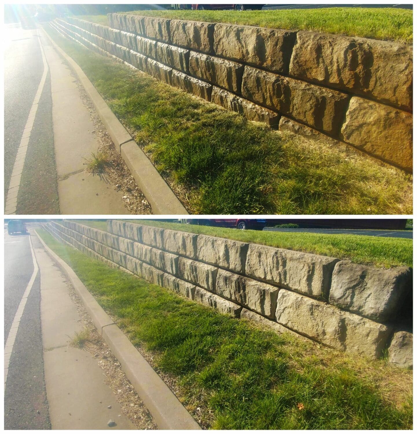 Before and after of a large commercial retaining wall cleaning.