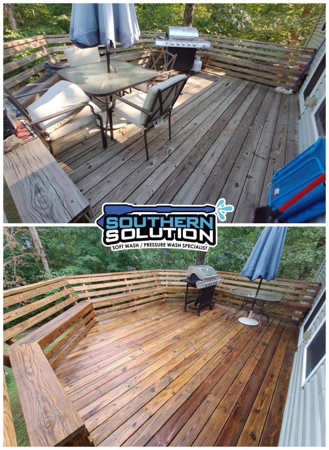 Wood restoration before and after on a deck in Nashville, TN