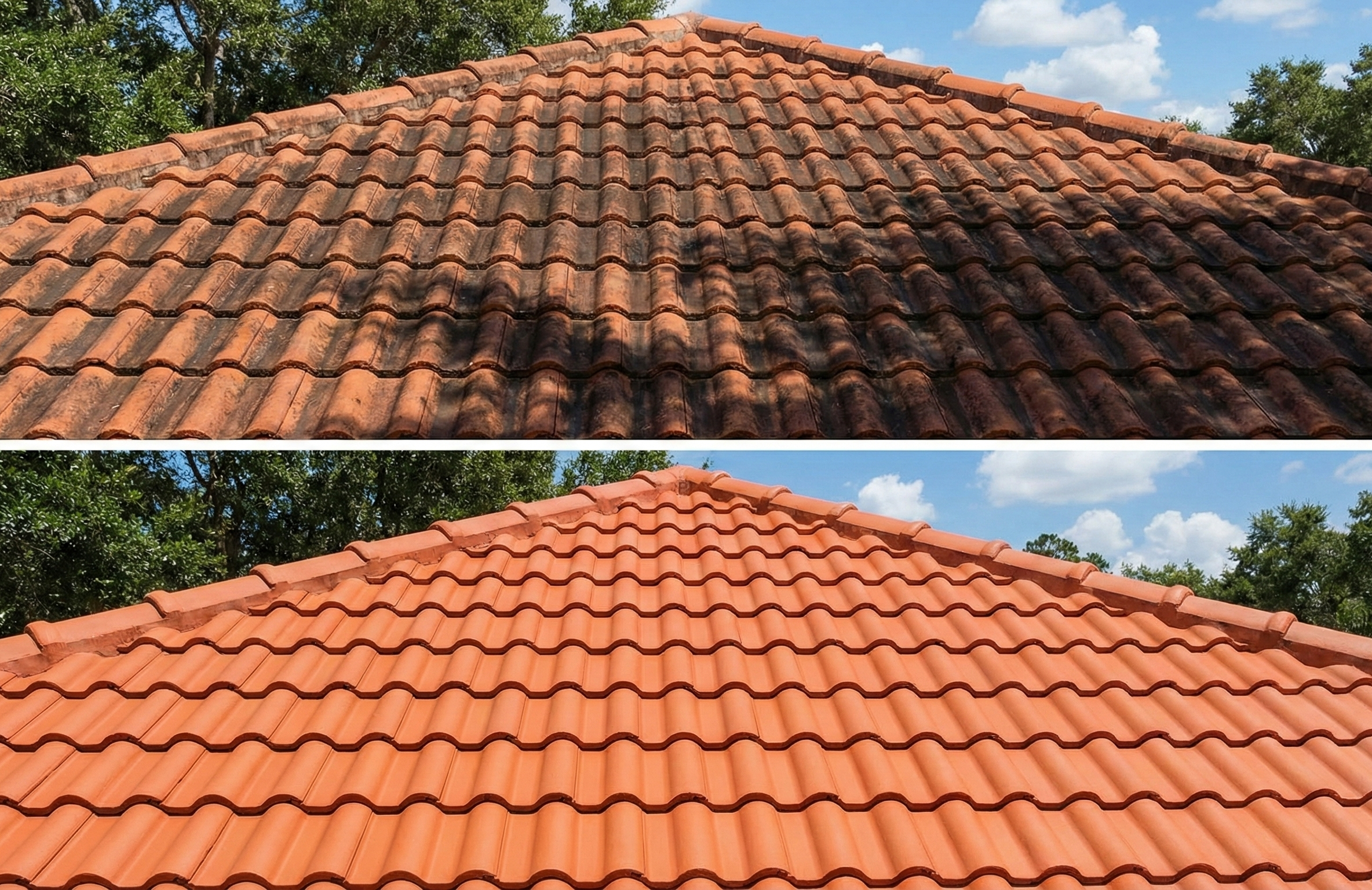 Naples pressure washing roof cleaning before and after showing professional tile roof algae removal Southwest Florida